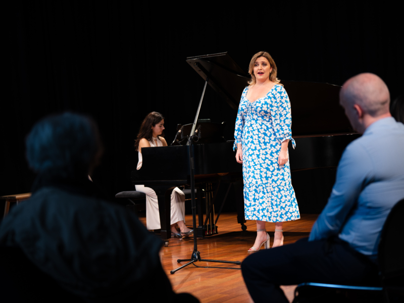 Person performing on stage in a floral dress, people in the audience are watching with their backs to the camera