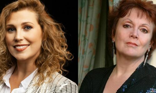 Collage from the Della Jones in Conversation evening of two people