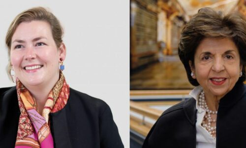 A collage of two people. The person on the left is looking to the side smiling, the person on the right is looking ahead smiling.