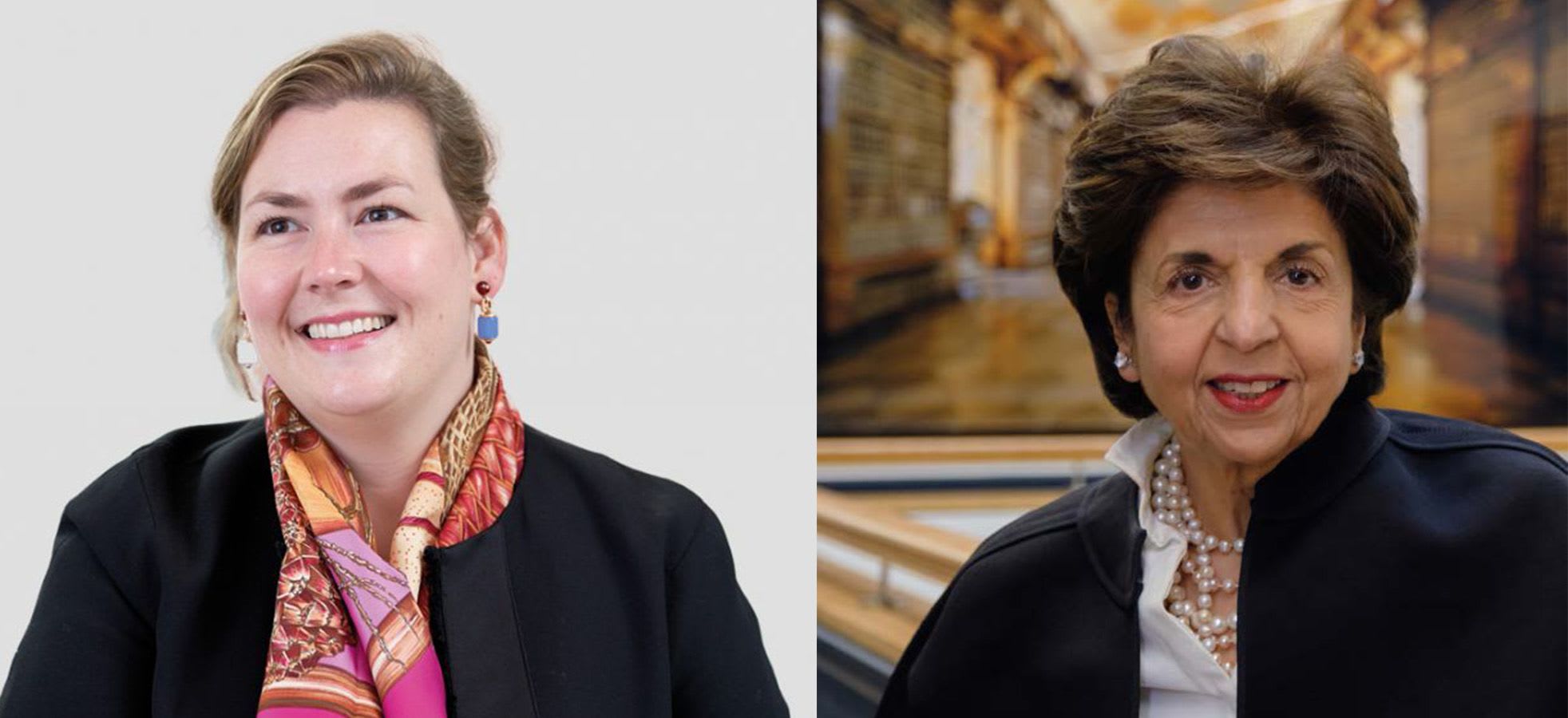 A collage of two people. The person on the left is looking to the side smiling, the person on the right is looking ahead smiling.